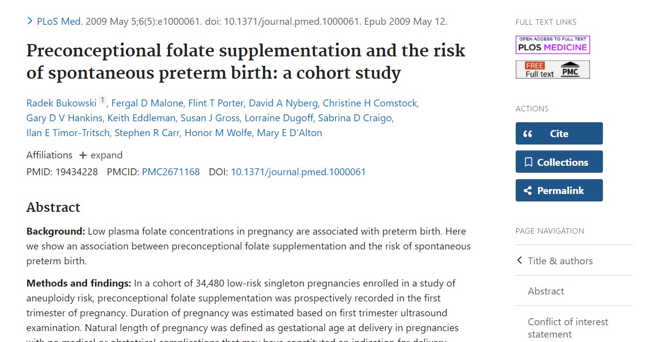 Prevent Neural Tube Defects? A Cohort Study of 34,000 Pregnant Women: Supplementing 1 Year in Advance Cuts Spontaneous Preterm Birth Risk by 50%
